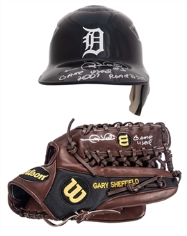 Lot of (2) Gary Sheffield Game Used & Signed Detroit Tigers Batting Helmet & Wilson Fielders Glove (PSA/DNA & Beckett)